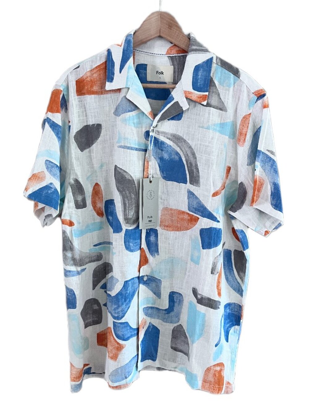 British Designer FOLK Palcont S/S Shirt Men's Sz M &L Blue Multi-color NWT Linen